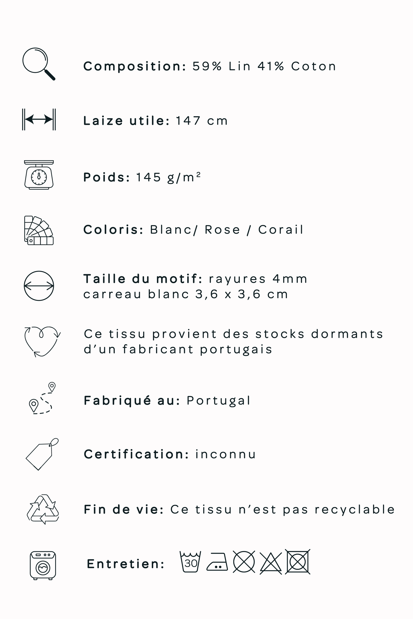 Toile de lin/coton à carreaux - Blanc et Corail
